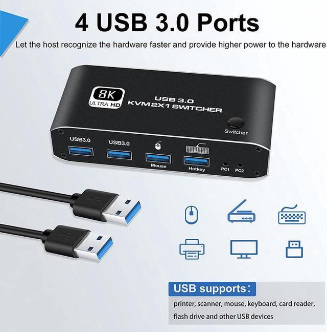 HDMI KVM Switch AUBEAMTO 8K USB Switch 2x1 HDMI2.1 Ports + 4X USB3.0 KVM Ports Share 2 Computers One Monitor Switch Supports 8K 60Hz 4K 120Hz YUV 4:4:4 HDCP 2.3 HDR 10 Hotkey