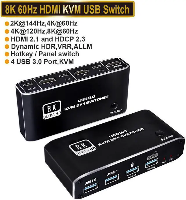 HDMI KVM Switch AUBEAMTO 8K USB Switch 2x1 HDMI2.1 Ports + 4X USB3.0 KVM Ports Share 2 Computers one Monitor Switch Supports 8K 60Hz 4K 120Hz YUV 4:4:4 HDCP 2.3 HDR 10 Hotkey