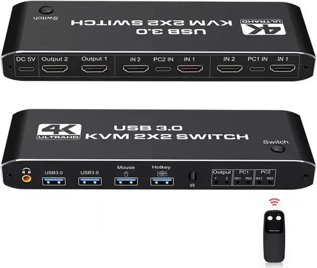 HDMI KVM Switch Dual Screen 2 Monitors 2 Computers 2 in 2 Out 4K 60Hz USB KVM HDMI Switches with Audio HDMI2.0 Ports + 4X USB3.0 Supports 4K 60Hz 1080P 144HZ RGB 4:4:4 3D HDR HDCP Hotkey Darkish