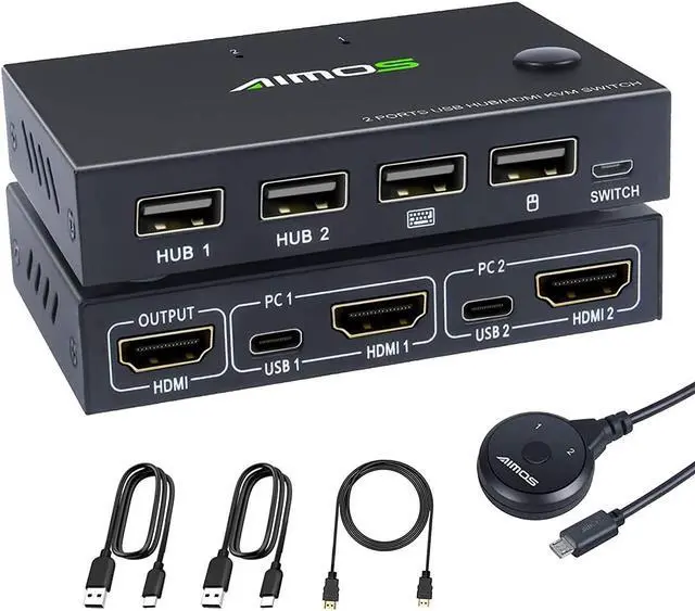 HDMI KVM Switch For 2 PCs USB Switch 4K HDMI Switcher Box KVM Switch 2 In 1 Out For 2 Computers Share Keyboard And Mouse Support 4K 30Hz With 2 HUB Ports