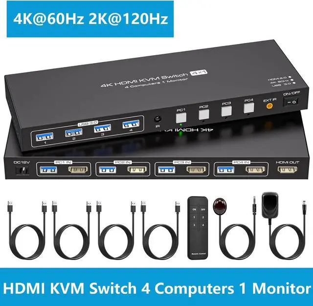 HDMI KVM Switch for 4 Computers 1 Monitor 4K 60Hz 2K 120Hz 4 Port HDMI KVM Switches For 4 PCs Share 4 USB Devices Like Keyboard Mouse Printer etc. With Remote Controller & USB Cables Power Adapter