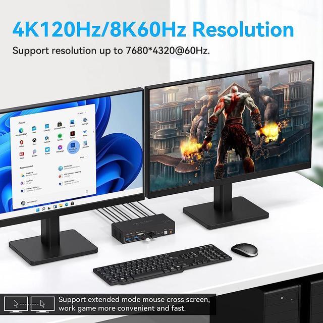 HDMI KVM Switch Monitors 2 Computers 8K60HZ/4K120Hz KVM Switch Dual Monitors 2 Computers With 4 USB 3.0 Port HDMI KVM Switch 2 Port Support Button And Remote Switch 2 PC Sharing 4 USB Devices