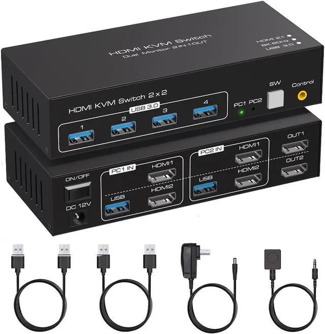 HDMI KVM Switch Monitors 2 Computers 8K60HZ/4K120Hz KVM Switch Dual Monitors 2 Computers with 4 USB 3.0 Port HDMI KVM Switch 2 Port Support Button and Remote Switch 2 PC Sharing 4 USB Devices
