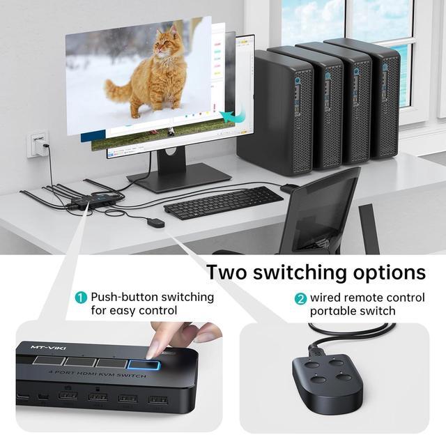 HDMI KVM Switches 4 Port 4K 60Hz 4 In 1 Out HDMI KVM Switch Share USB 2.0 Devices With 4 USB Hubs 4 Computers 1 Monitor Share Keyboard Mouse Printer Including 4 USB Cables And 4 HD-MI 2.0 Cable