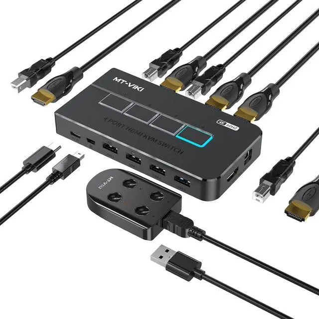 HDMI KVM Switches 4 Port 4K 60Hz 4 in 1 Out HDMI KVM Switch Share USB 2.0 Devices with 4 USB Hubs 4 Computers 1 Monitor Share Keyboard Mouse Printer Including 4 USB Cables and 4 HD-MI 2.0 Cable