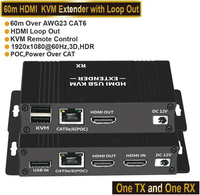 HDMI KVM USB Extender Over Cat5e/6 196ft/60M 2 USB 2.0 Ports Zero-Latency Plug and Play No Driver Supports All Operating System Keyboard and Mouse USB Over Ethernet