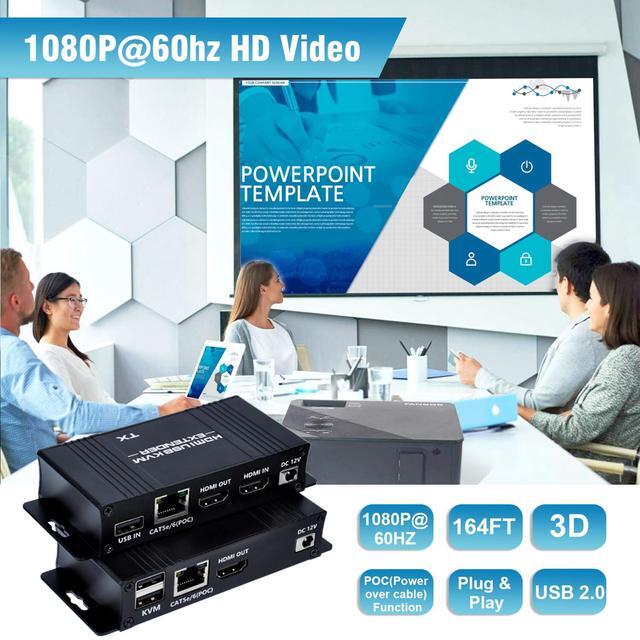 HDMI KVM USB Extender Over Cat5e/6/7-164FT HDMI To RJ45 1080P 60hz HDMI Over Ethernet KVM Extender Transmitter Receiver Support Keyboard Mouse USB Control No Latency Single Power Supply POC Function