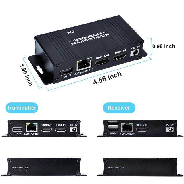 HDMI KVM USB Extender Over Cat5e/6/7-164FT HDMI To RJ45 1080P 60hz HDMI Over Ethernet KVM Extender Transmitter Receiver Support Keyboard Mouse USB Control No Latency Single Power Supply POC Function