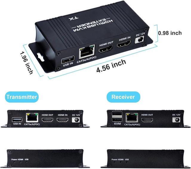 HDMI KVM USB Extender Over Cat5e/6/7-164FT HDMI To RJ45 1080P 60hz HDMI Over Ethernet KVM Extender Transmitter Receiver Support Keyboard Mouse USB Control No Latency Single Power Supply POC Function