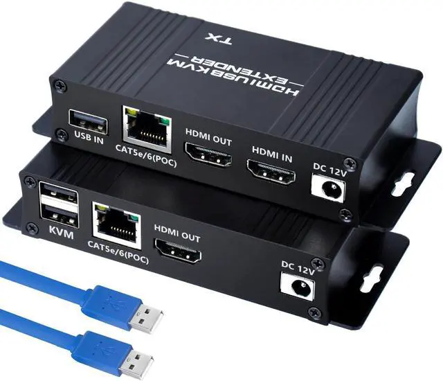 HDMI KVM USB Extender Over Cat5e/6/7-164FT HDMI to RJ45 1080P 60hz HDMI Over Ethernet KVM Extender Transmitter Receiver Support Keyboard Mouse USB Control No Latency Single Power Supply POC Function