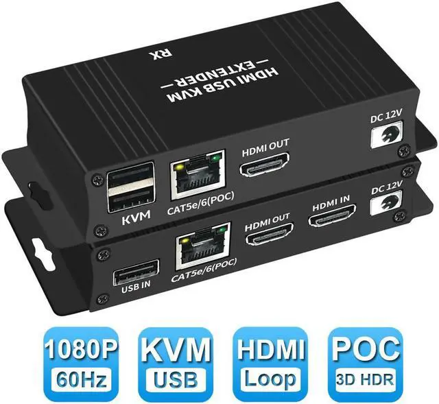 HDMI KVM USB Extender Over IP Over Ethernet 1080p HD Video Over Cat5e/6 Ethernet Cable 60m (196ft) for Mouse and Keyboard Control Remote Signals