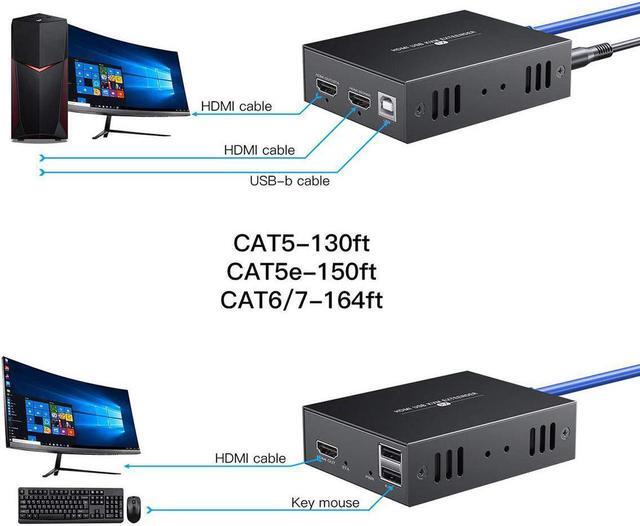 HDMI KVM USB Extender Transmit 1080p HD Video Over Cat5e/6 Ethernet Cable 50m (164ft) For Mouse And Keyboard Control Remote Signals