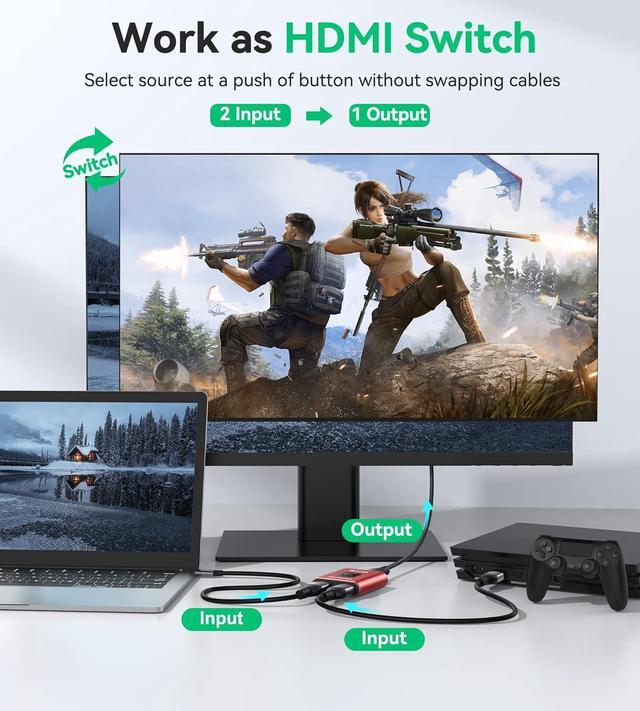 HDMI Switch 4k 60hz Splitter Aluminum Bidirectional HDMI Switcher 2 In 1 Out Manual HDMI Hub Supports HD Compatible With Xbox PS5/4/3 Blu-Ray Player Fire Stick Roku - Red