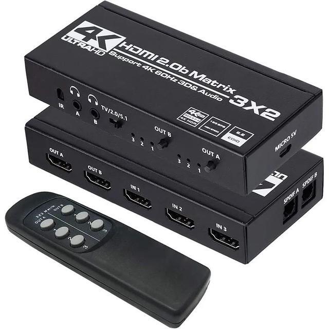 HDMI Ture Matrix Switcher 3x2 Matrix HDMI Switch Splitter 3 In 2 Out With SPDIF L/R 3.5mm HDR 4K60Hz Switch For PC PS5 HDTV DVD(With UK Plug)