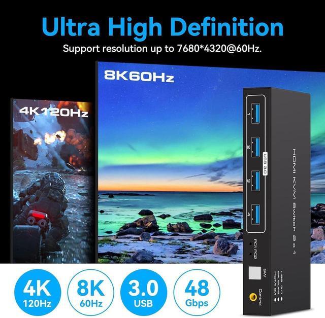 HDMI USB 3.0 KVM Switch 1 Monitor For 2 Computers 8K 60Hz KVM Switch 2 Computers X 1 Monitors With 4x 5Gbps USB Ports Keyboard Mouse Switcher