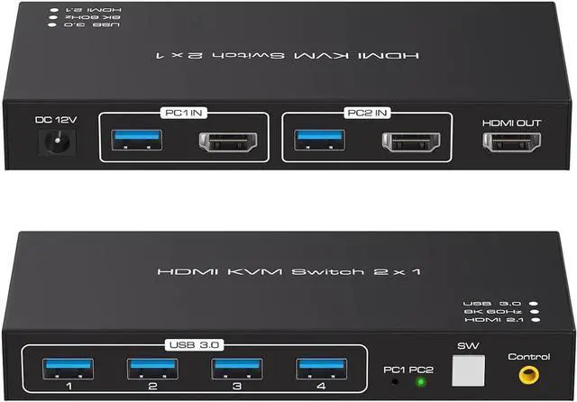 HDMI USB 3.0 KVM Switch 1 Monitor for 2 Computers 8K 60Hz KVM Switch 2 Computers x 1 Monitors with 4x 5Gbps USB Ports Keyboard Mouse Switcher