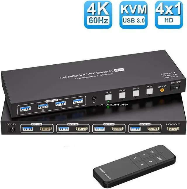 HDMI USB 3.0 KVM Switch 1 Monitor for 4 Computers 4K 60Hz KVM Switch 4 Computers x 1 Monitors with 4x 5Gbps USB Ports Keyboard Mouse Switcher