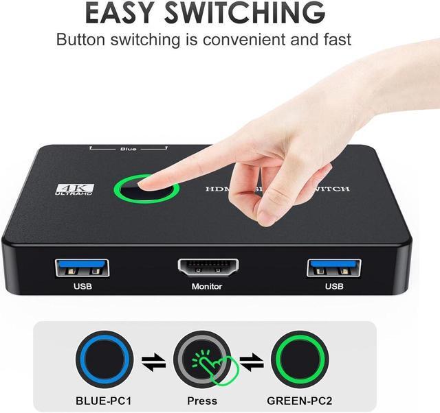 HDMI USB 3.0 Switch 2 Port Box KVM Switch For 2 Computers Share One Monitor Keyboard Mouse And Printer Support UHD 4K 60Hz With 2 USB Cable And 2 HDMI Cable