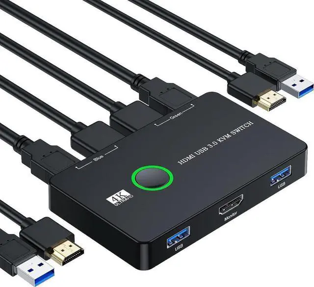 HDMI USB 3.0 Switch 2 Port Box KVM Switch for 2 Computers Share One Monitor Keyboard Mouse and Printer Support UHD 4K 60Hz with 2 USB Cable and 2 HDMI Cable