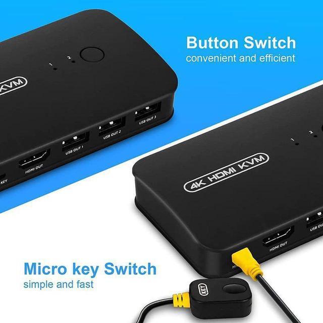 HDMI USB KVM Switch Selector For 2 Computers Share Keyboard Mouse Printer And One HD 4K Monitor 2 KVM Cables Included