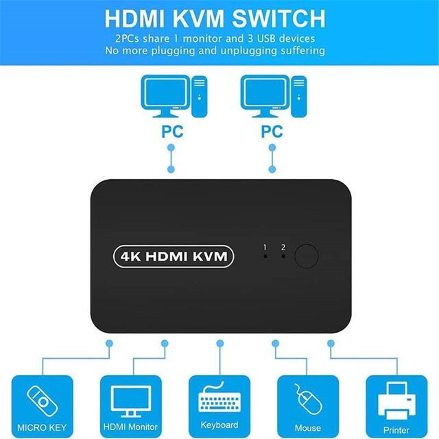 HDMI USB KVM Switch Selector For 2 Computers Share Keyboard Mouse Printer And One HD 4K Monitor