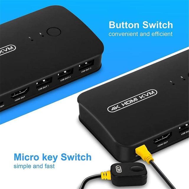HDMI USB KVM Switch Selector For 2 Computers Share Keyboard Mouse Printer And One HD 4K Monitor