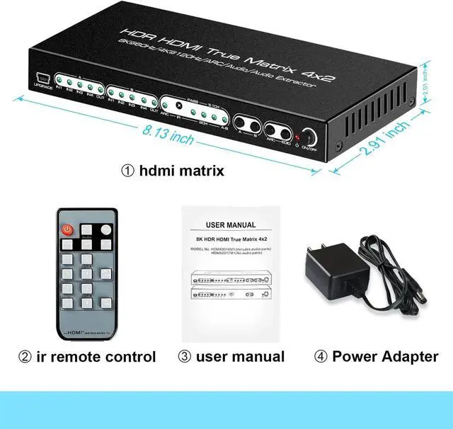 HDMI2.1 8K Matrix Switcher 4x2 Matrix HDMI Switch Splitter 4 In 2 Out with Optical L/R 5.1CH ARC Audio Extractor 4K 120Hz HDR 3D(With EU Plug)