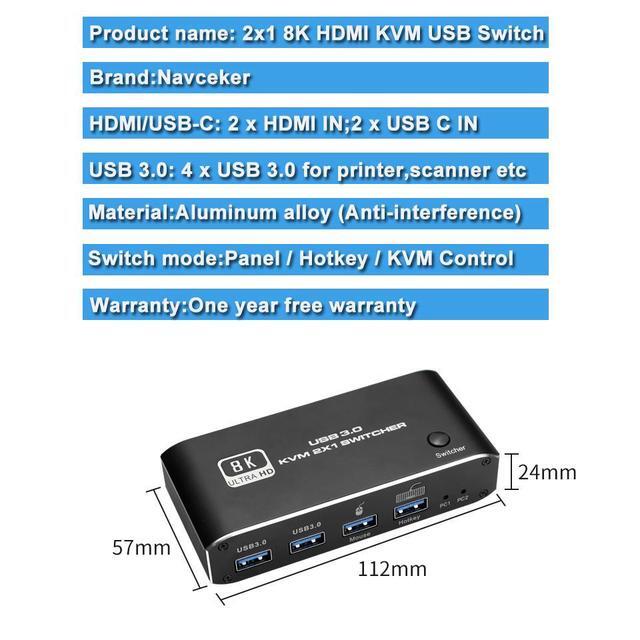 HDMI2.1 KVM Switch 2 In 1 Out 8K 60Hz HDMI USB-C KVM Switch With 2 PCs Share 1 Set Of Keyboard Mouse 2 USB3.0 Hubs Compatible With Windows And Mac OS X