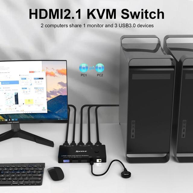 HDMI2.1 KVM Switch 8k 60HZ KVM Switch 1 Monitor 2 Computers For 3 USB Devices 2 Port Switch Selector With Wired Control And Power Adapter