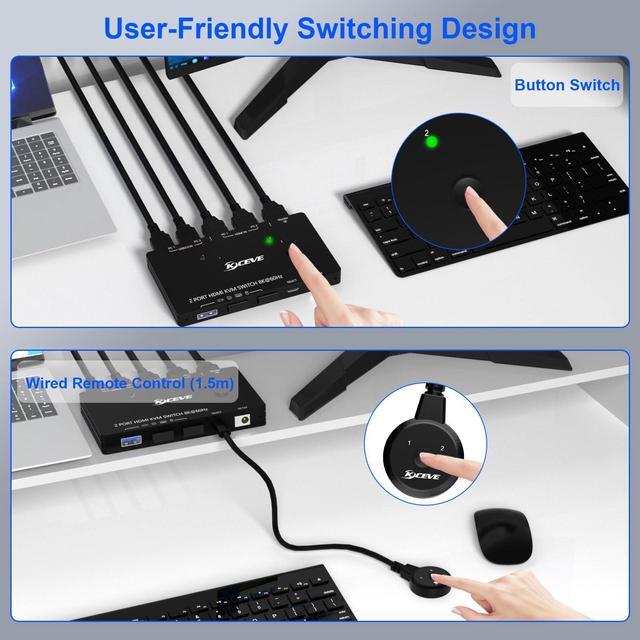 HDMI2.1 KVM Switch 8k 60HZ KVM Switch 1 Monitor 2 Computers For 3 USB Devices 2 Port Switch Selector With Wired Control And Power Adapter