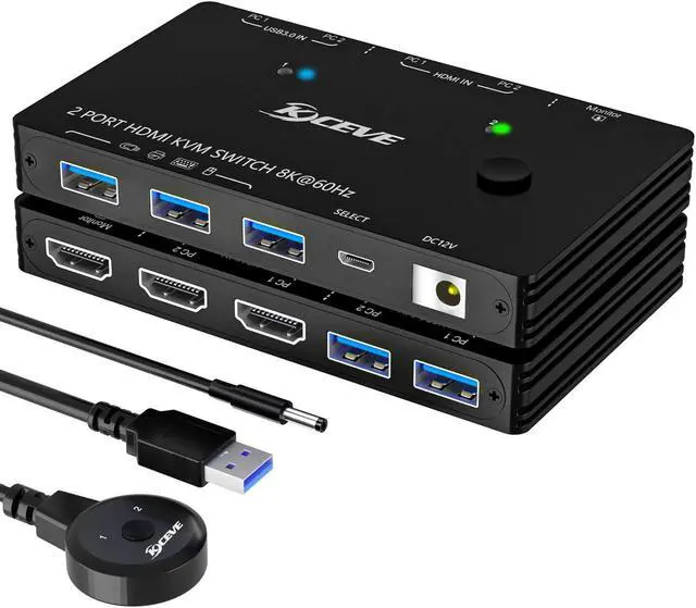 HDMI2.1 KVM Switch 8k 60HZ KVM Switch 1 Monitor 2 Computers for 3 USB Devices 2 Port Switch Selector with Wired Control and Power Adapter