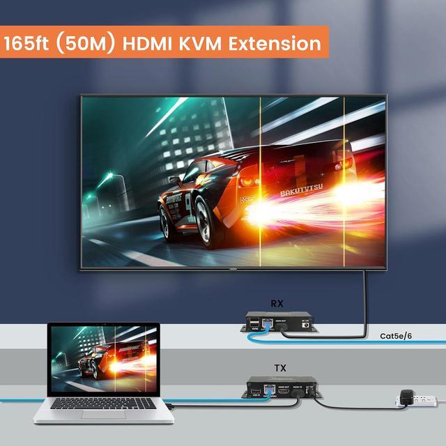 Hitoor 164FT / 50M HDMI KVM USB Extender Over Cat 5e/6/7 Cable 1080P HDMI Ethernet Extender Balun Transmitter Receiver With Loop Out Function - USB Keyboard Mouse Single POC Power Supply