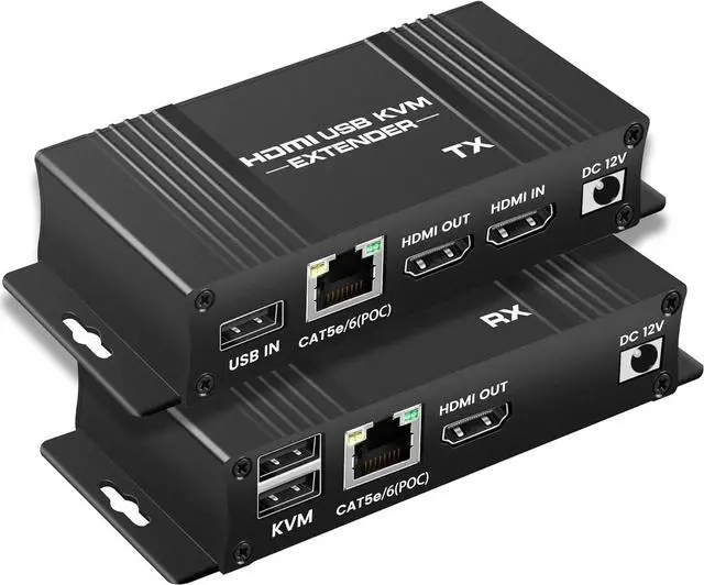 Hitoor 164FT / 50M HDMI KVM USB Extender Over Cat 5e/6/7 Cable 1080P HDMI Ethernet Extender Balun Transmitter Receiver with Loop Out Function - USB Keyboard Mouse Single POC Power Supply
