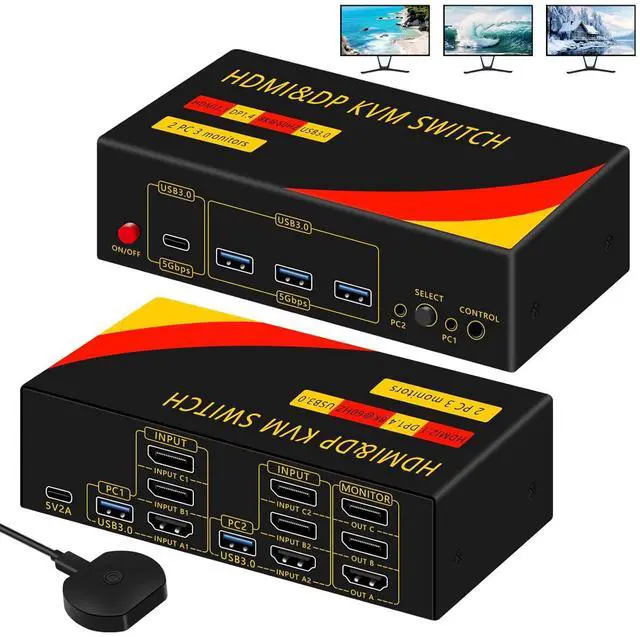 Hitoor 2*Displayport + 1*HDMI KVM Switches 3 Monitors 2 Computers 8K 60HZ Triple Monitor KVM Switch for 2 PC share 3 Monitors and 4 USB Devices Support Extended and Copy Mode with Wired Remote