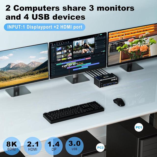 Hitoor 2 HDMI + Displayport KVM Switch 3 Monitors 2 Computers 8K 60Hz 4K 144Hz Triple Monitor KVM Swtiches For 2 PC Share 3 Monitor And 4 USB Port Support Extended & MirrorMode With Wired Remote