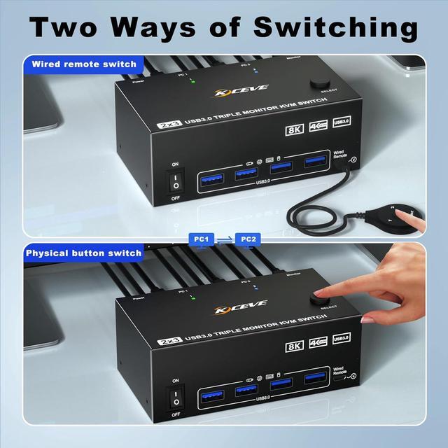 Hitoor 2 HDMI + Displayport KVM Switch 3 Monitors 2 Computers 8K 60Hz 4K 144Hz Triple Monitor KVM Swtiches For 2 PC Share 3 Monitor And 4 USB Port Support Extended & MirrorMode With Wired Remote