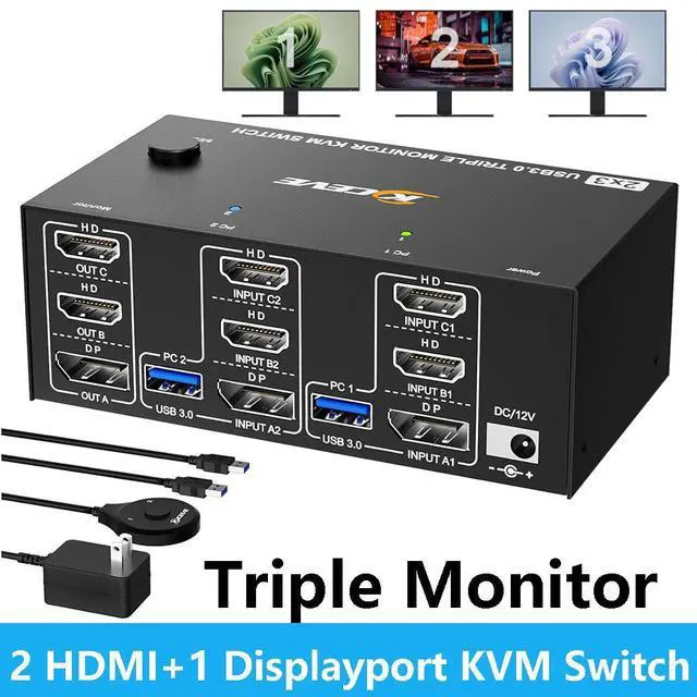 Hitoor 2 HDMI + Displayport KVM Switch 3 Monitors 2 Computers 8K 60Hz 4K 144Hz Triple Monitor KVM Swtiches for 2 PC Share 3 Monitor and 4 USB Port Support Extended & MirrorMode with Wired Remote