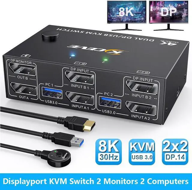 Hitoor 2 Port Displayport KVM Switch for 2 Monitors 2 Computers 8K 30Hz 4K 144Hz USB 3.0 Dual Monitor KVM Switches Displayport 1.4 with 4 USB 3.0 Port for USB Device Wired Remote and 4 Cable Included