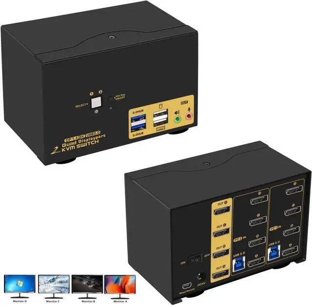 Hitoor 2 Port Displayport USB 3.0 KVM Switch 2 Computers 4 Monitors DisplayPort 1.4 4K 144Hz 8K 30Hz for 2 Computers PC Screen Keyboard Mouse Peripheral Audio Sharing Selector Box with All Cables