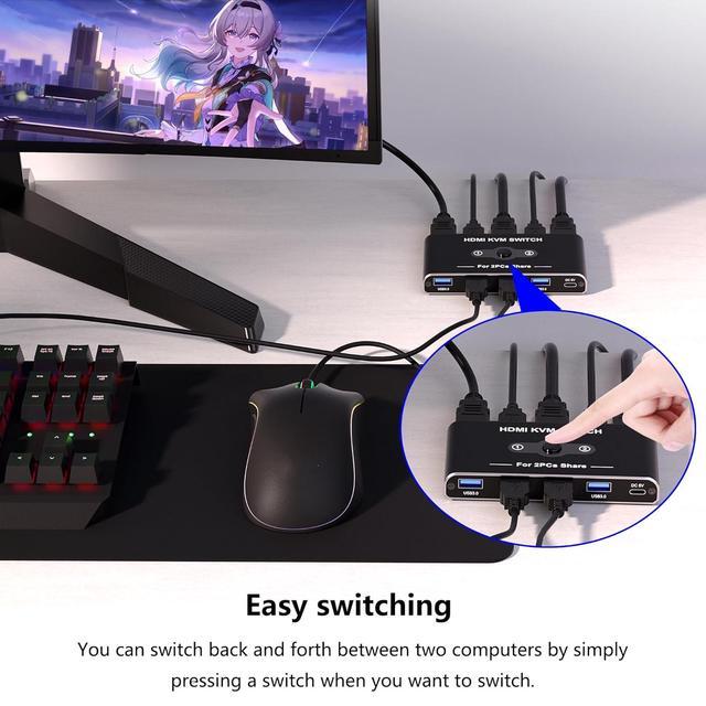 Hitoor 2 Port HDMI KVM Switch 2 In 1 Out USB 3.0 And HDMI KVM Switch 4K 60Hz For 2 Computers Share 1 Monitor 4 USB 3.0 Devices Such As Keyboard Mouse Printer
