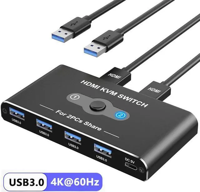 Hitoor 2 Port HDMI KVM Switch 2 in 1 Out USB 3.0 and HDMI KVM Switch 4K 60Hz for 2 Computers Share 1 Monitor 4 USB 3.0 Devices Such as Keyboard Mouse Printer