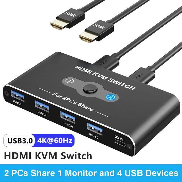Hitoor 2 Port HDMI KVM Switch 4K 60Hz 2 in 1 Out HDMI USB KVM Switches with 4 USB 3.0 Ports KVM Switch 2 PCs 1 Monitor Share Mouse Keyboard Printer Include 2 HD-MI cables 2 USB-A & 1 USB-C Cable