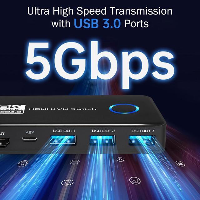 Hitoor 2 Port HDMI KVM Switch 8K 60Hz 4K 120Hz HDMI USB 3.0 KVM Switch For 2 Computer Share 1 HD Monitor And 3 USB 3.0 Devices Included Wired Remote 2 HD-MI 2.1 Cables And 2 USB 3.0 Cables