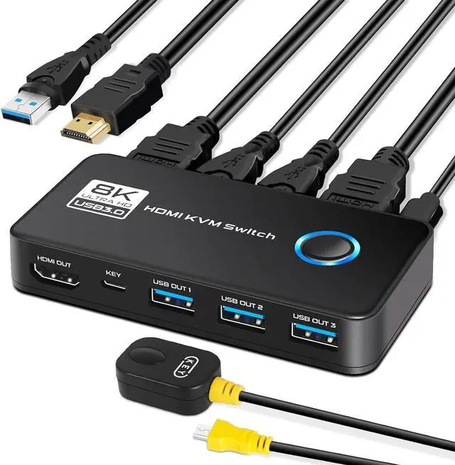 Hitoor 2 Port HDMI KVM Switch 8K 60Hz 4K 120Hz HDMI USB 3.0 KVM Switch for 2 Computer Share 1 HD Monitor and 3 USB 3.0 Devices Included Wired Remote 2 HD-MI 2.1 Cables and 2 USB 3.0 Cables
