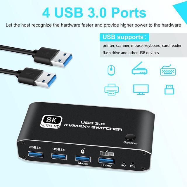 Hitoor 2 Port HDMI KVM Switch HDMI USB KVM Switch 2x1 HDMI2.1 Ports + 4x USB3.0 Ports Share 2 Computers One Monitor Switch Supports 8K 60Hz 4K 120Hz YUV 4:4:4 HDCP 2.3 HDR 10 Hotkey Darkish