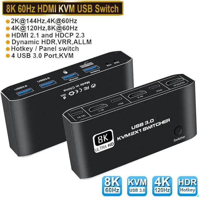 Hitoor 2 Port HDMI KVM Switch HDMI USB KVM Switch 2x1 HDMI2.1 Ports + 4x USB3.0 Ports Share 2 Computers One Monitor Switch Supports 8K 60Hz 4K 120Hz YUV 4:4:4 HDCP 2.3 HDR 10 Hotkey Darkish