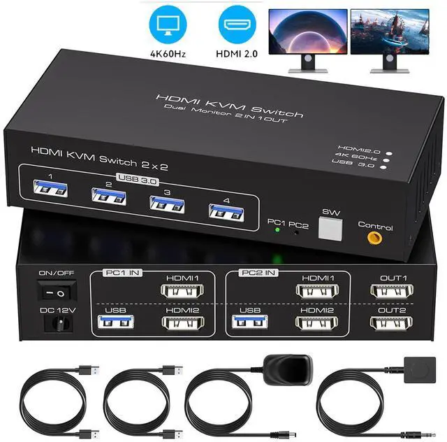 Hitoor 2 Ports HDMI KVM Switch 2 Monitor 2 Computers 4K 60Hz HDMI USB KVM Switches Share Dual Monitors and 4 USB 3.0 Devices Support Extended/Copy Mode with 2 USB Cables and Wired Controller