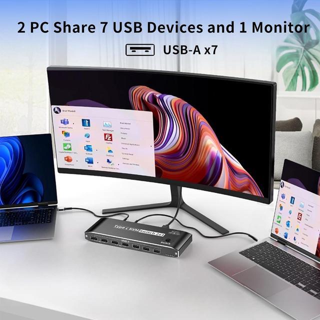 Hitoor 2 Ports Type C KVM Switch For 1 Monitors 2 Computers 8K 60Hz USB C Type-C KVM Switches 2 In 1 Out With 7 USB 2.0 Ports For 2 Computers Sharing Monitor Keyboard Mouse Hard Drives Printer