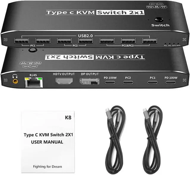 Hitoor 2 Ports Type C KVM Switch for 1 Monitors 2 Computers 8K 60Hz USB C Type-C KVM Switches 2 in 1 Out with 7 USB 2.0 Ports for 2 Computers Sharing Monitor Keyboard Mouse Hard Drives Printer