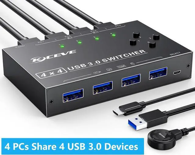 Hitoor 4 x4 USB 3.0 Switch 4 Computers 4 Port USB Switch Selector Sharing 4 USB Devices Keyboard Mouse Switch USB Switcher Compatible with Mac/Windows/Linux Wired Remote and 4 USB 3.0 Cable Included